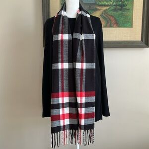 Red, black & white scarf. Italian Design. Cashmere blend. 11”x 54” Like new.